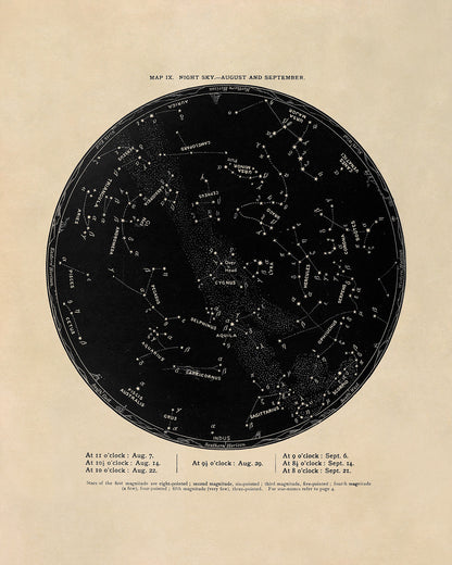 August September Constellation Map, Vintage Zodiac Star Chart RPA9