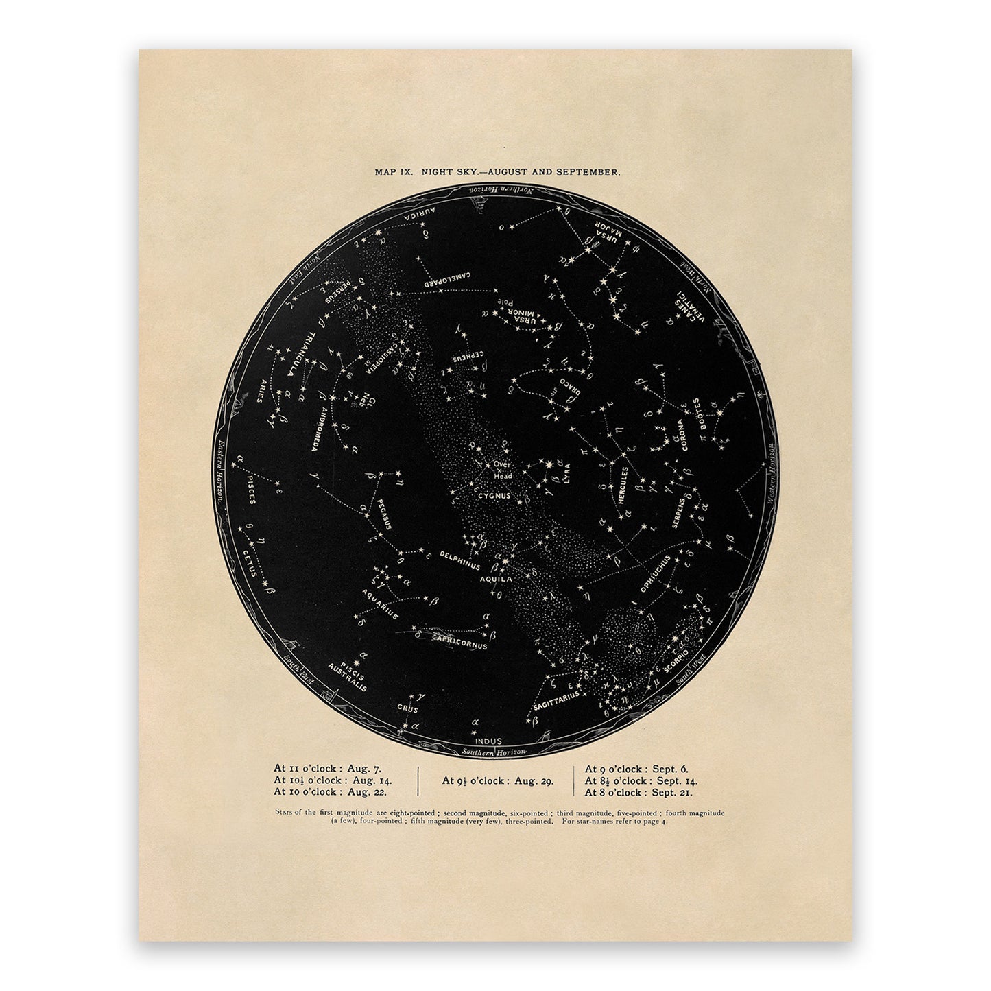 August September Constellation Map, Vintage Zodiac Star Chart RPA9