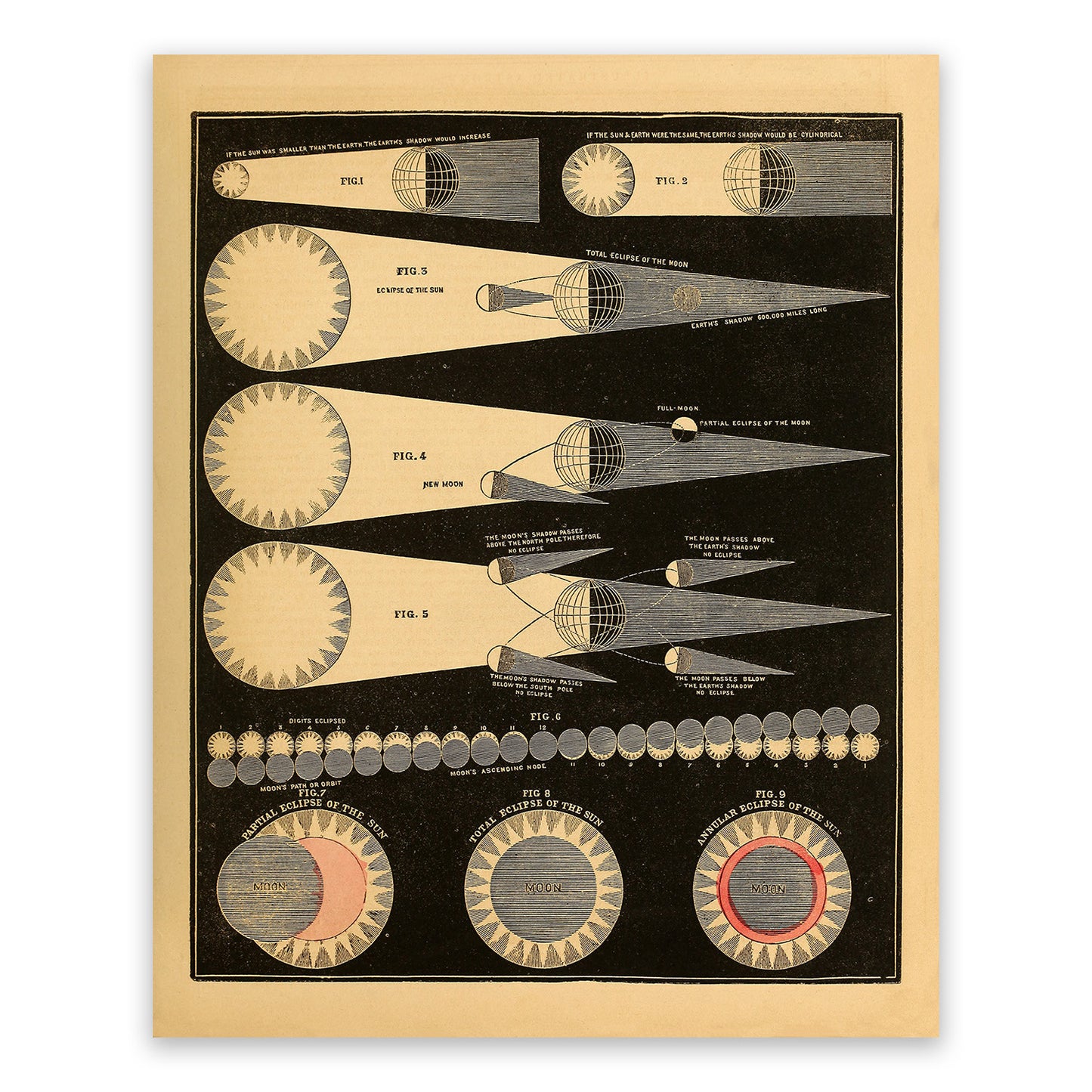 Solar and Lunar Eclipse  Diagram, Vintage Astronomy Chart Illustration Print SIA18