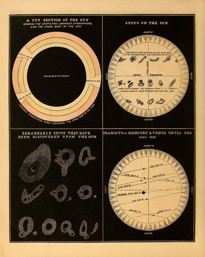 Sun Diagram featuring Sun Spots, Astronomy Chart Illustration Print SIA4