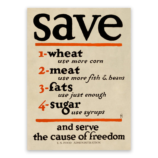 Save Food Checklist Wartime Food Rationing Poster,  Vintage Style 1917 World War One Print