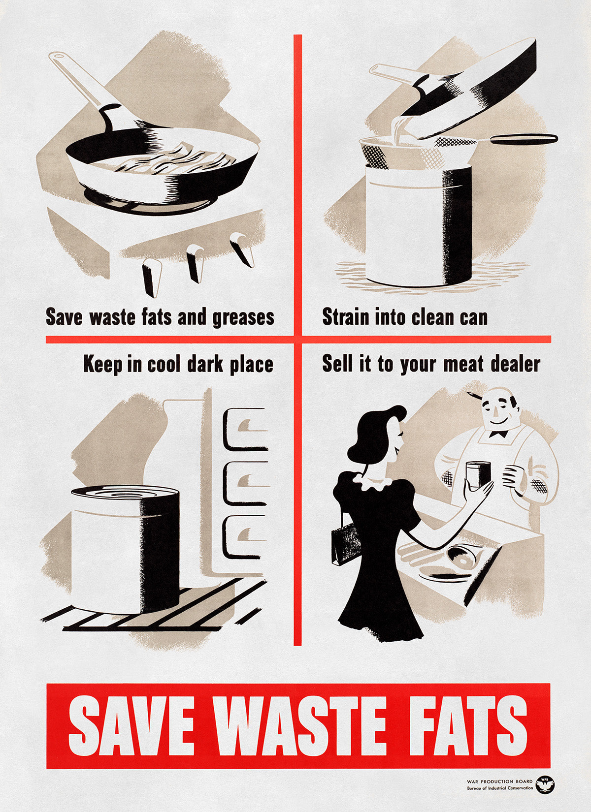 See Waste Fats Wartime Food Rationing Poster, Vintage Style 1940s World War II Print