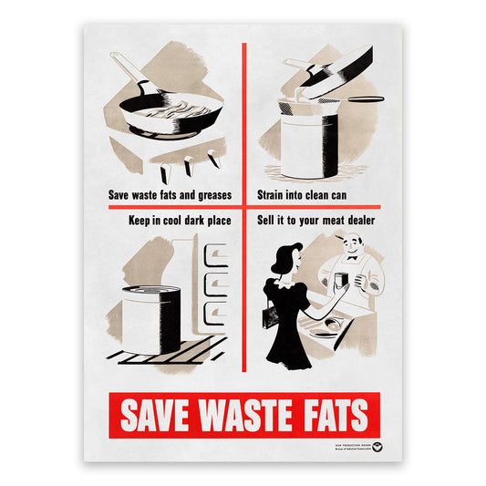 See Waste Fats Wartime Food Rationing Poster, Vintage Style 1940s World War II Print