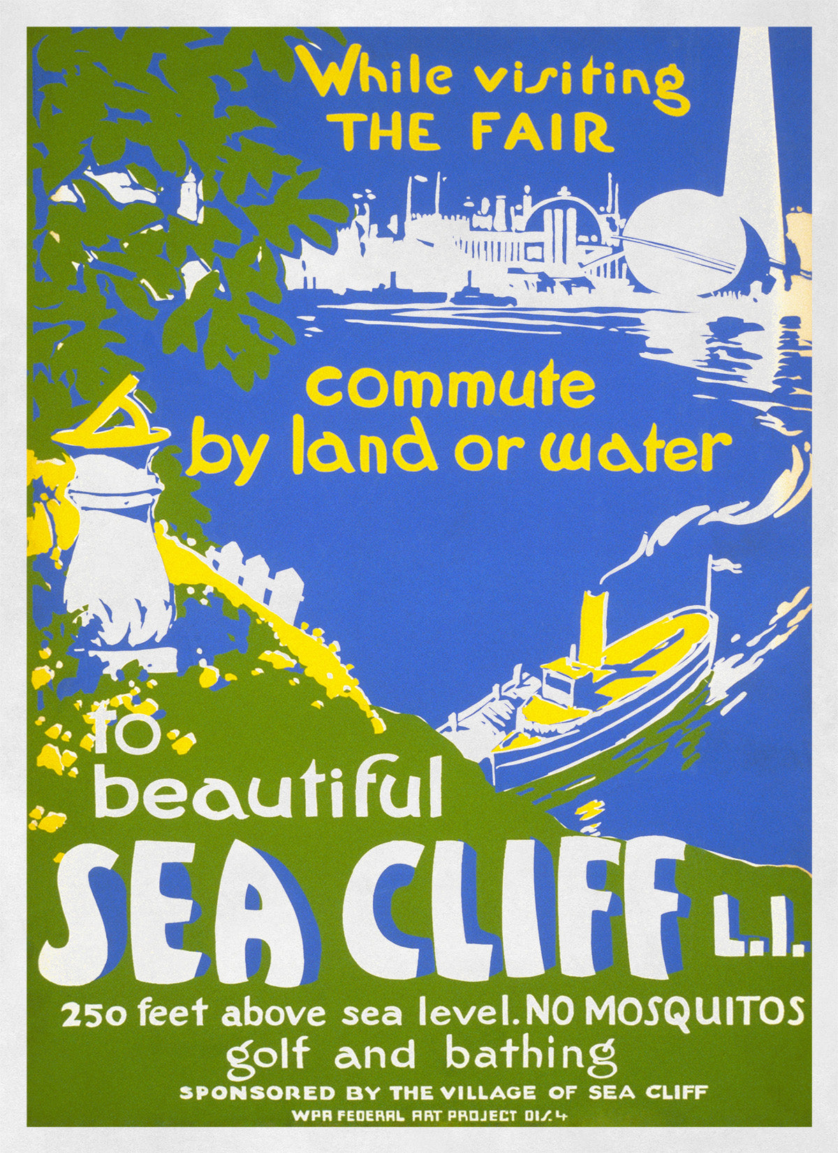 Sea Cliff Long Island WPA Travel Poster, Vintage Style 1938 New York Worlds Fair Tourism Advertisement Print