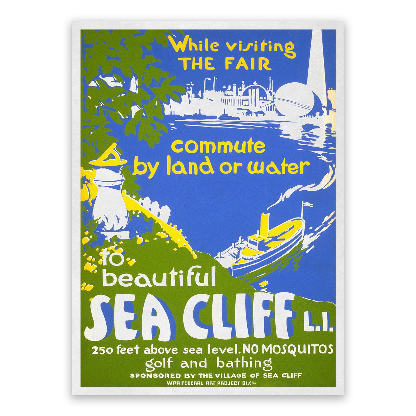 Sea Cliff Long Island WPA Travel Poster, Vintage Style 1938 New York Worlds Fair Tourism Advertisement Print