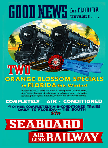 Florida Seaboard Railroad Travel Poster, Vintage Style 1900s Railway Travel Advertisement Print