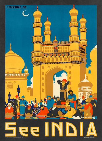 Hyderabad See India Travel Poster, Vintage Style 1900s Indian Tourism Advertisement Print