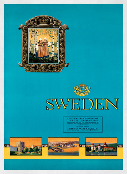 Sweden Travel Poster, Vintage Style 1900s Swedish Railroad Tourism Advertisement Print