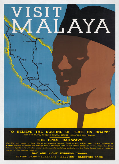 Visit Malaya Malaysia Travel Poster, Vintage Style 1900s Malaysian Travel Advertisement Print