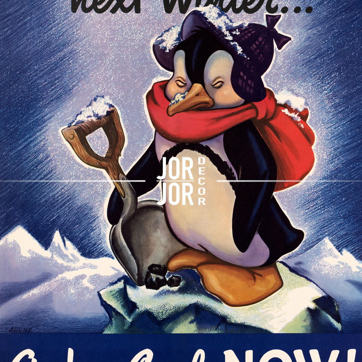 A penguin holding a shovel and sitting on a snowy mountain, with a snowy landscape in the background.