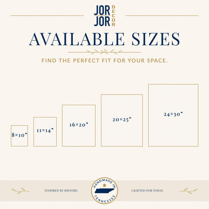 The image is a collage of four different sizes of square frames, ranging from 8 to 10 inches in width. The text above the image reads "JOR JOR DESIGN" and "AVAILABLE SIZES" followed by "FIND THE PERFECT FIT FOR YOUR SPACE." The bottom of the image features the text "INSPIRED BY HISTORY. CRAFTED FOR TODAY."