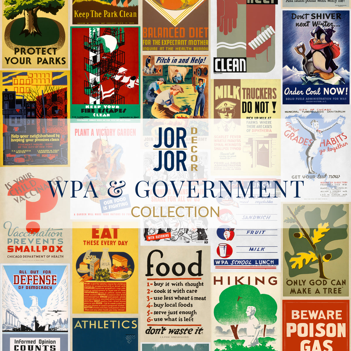 a collage of various vintage posters and advertisements, including health, food, and political messages, arranged in a grid format.