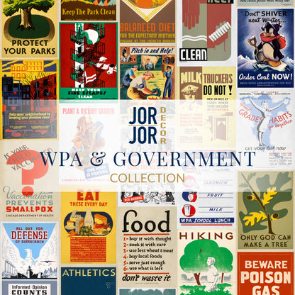 a collage of various vintage posters and advertisements, including health, food, and political messages, arranged in a grid format.