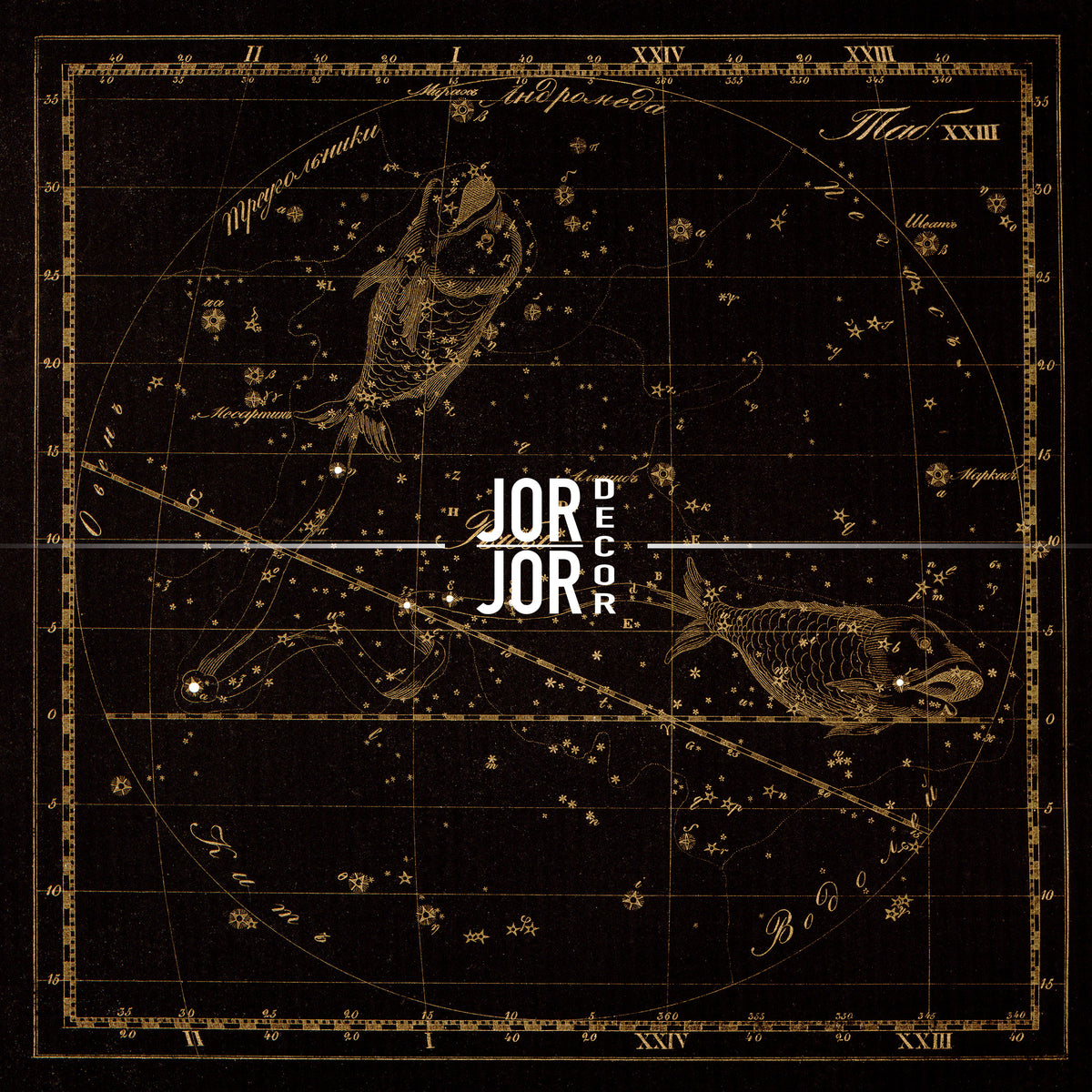 The image is a detailed star map with various celestial objects and constellations, including a fish and a bird. The map is framed with a border and has a dark background with gold accents.