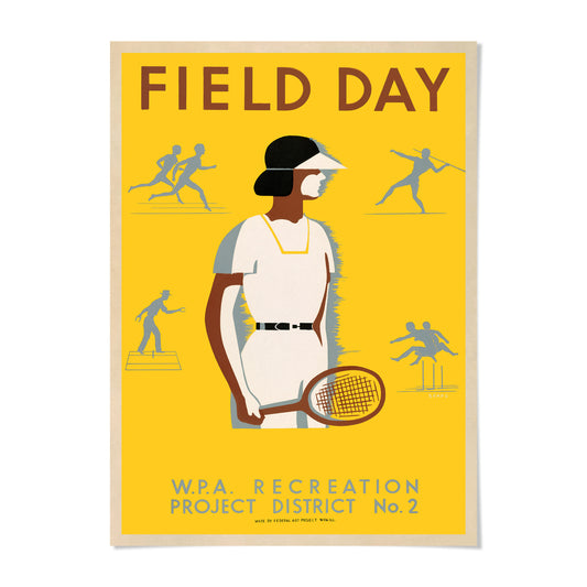 The image is a poster for a field day event, featuring a woman holding a tennis racket and surrounded by various sports-related illustrations.