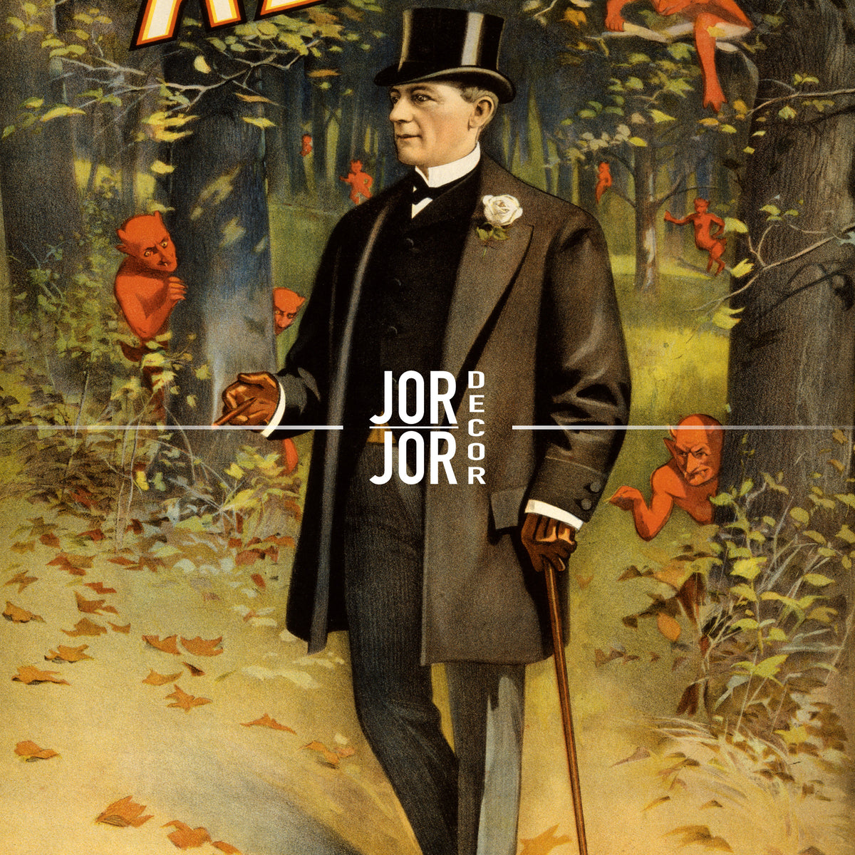 A man dressed in a top hat and coat is walking through a forest, accompanied by a group of red devil-like creatures.