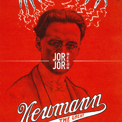 The image is a poster featuring a portrait of a man with glasses against a red background.