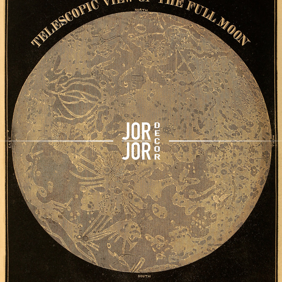 The image is a vintage poster depicting a telescope view of the full moon, with intricate details and patterns.