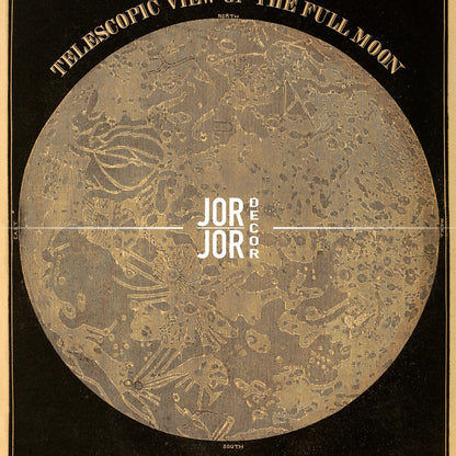 The image is a vintage poster depicting a telescope view of the full moon, with intricate details and patterns.