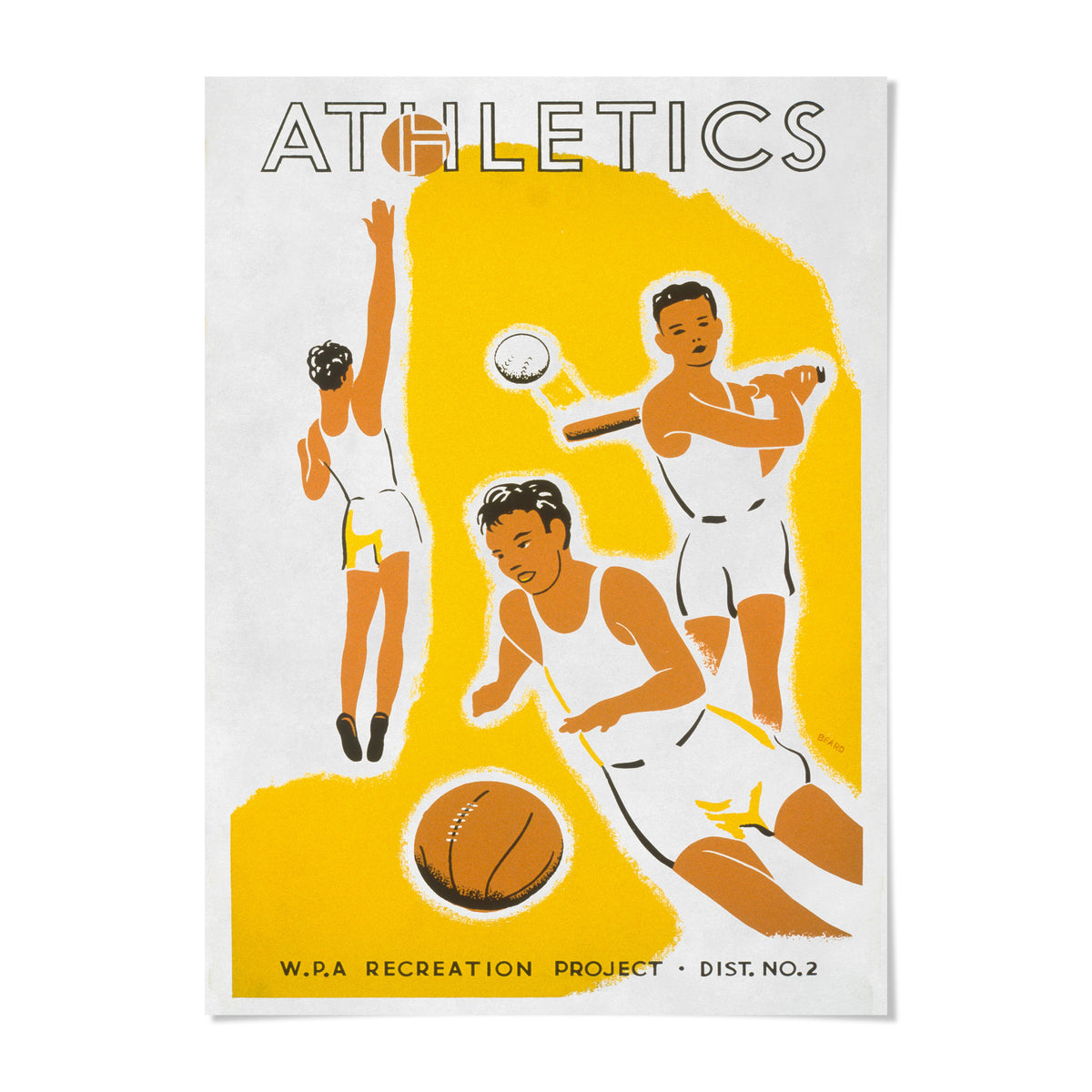 The image is a poster for the W.P.A. Recreation Project, featuring illustrations of various sports activities such as basketball, baseball, and track and field events.