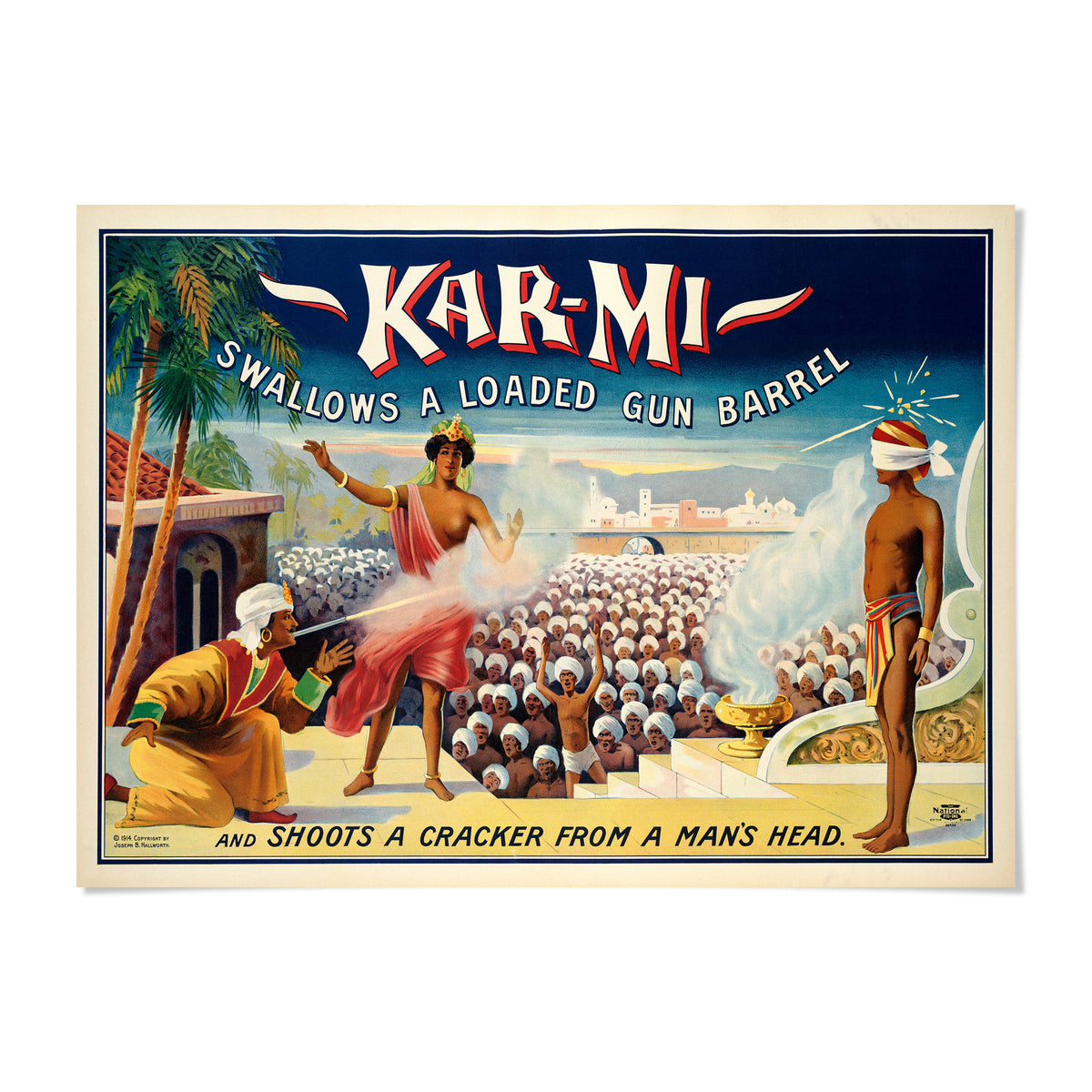 The image is a vintage poster advertising a product called "Karmi". It features a man in a red robe and a woman in a white headdress, surrounded by a crowd of people. The poster also includes text that describes the product as "swallows a loaded gun barrel" and "shoots a cracker from a man's head".