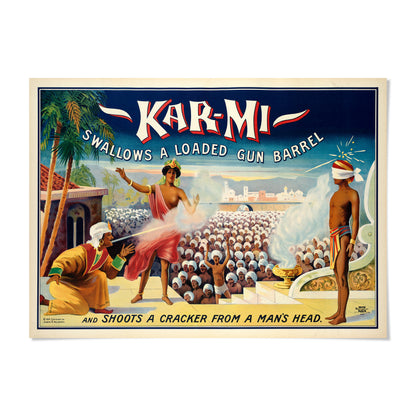 The image is a vintage poster advertising a product called "Karmi". It features a man in a red robe and a woman in a white headdress, surrounded by a crowd of people. The poster also includes text that describes the product as "swallows a loaded gun barrel" and "shoots a cracker from a man's head".
