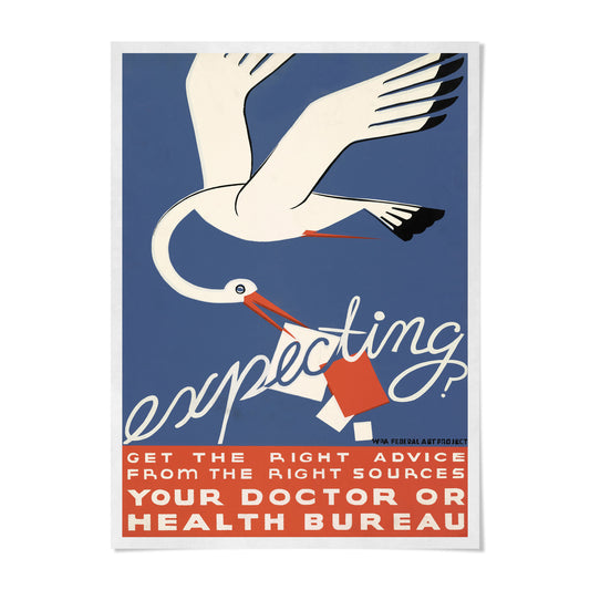 The image is a vintage poster with a stylized illustration of a bird, likely a stork, flying over a blue background. The text on the poster reads "Expecting? Get the right advice from the right sources your doctor or health bureau".