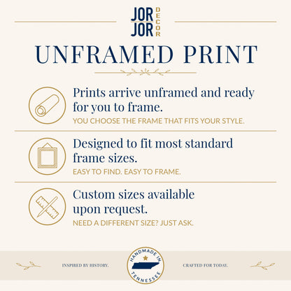The image is an advertisement for JOR Decor, featuring a list of features for an unframed print, including prints arriving unframed and ready for framing, the ability to choose a frame that fits one's style, a designed to fit most standard frame sizes, and custom sizes available upon request. The ad is inspired by history and crafted for today, with a focus on Tennessee.