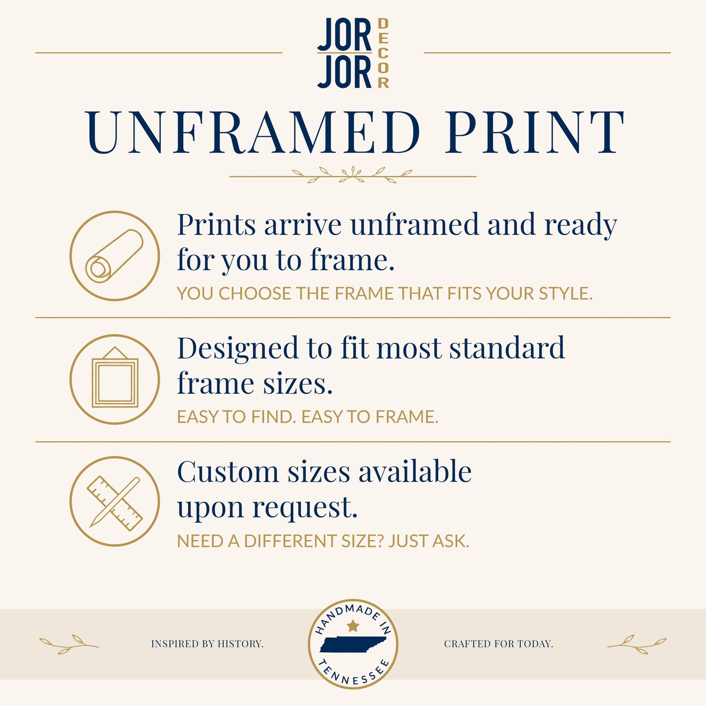The image is an advertisement for JOR Decor, featuring a list of features for an unframed print, including prints arriving unframed and ready for framing, the ability to choose a frame that fits one's style, a designed to fit most standard frame sizes, and custom sizes available upon request. The ad is inspired by history and crafted for today, with a focus on Tennessee.