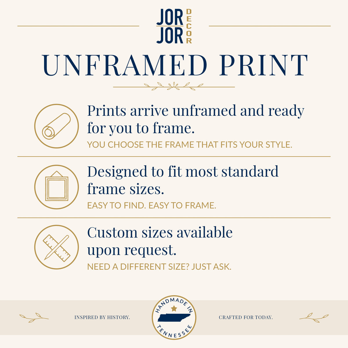 The image is an advertisement for JOR Decor, featuring a list of features for an unframed print, including prints arriving unframed and ready for framing, the ability to choose a frame that fits one's style, a designed to fit most standard frame sizes, and custom sizes available upon request. The ad is inspired by history and crafted for today, with a focus on Tennessee.