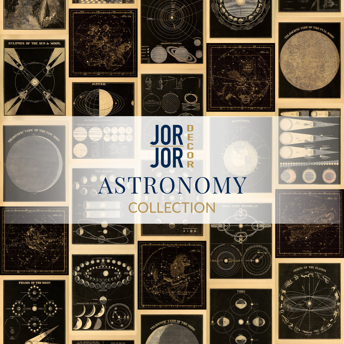 The image is a collage of various astronomical illustrations, including maps, diagrams, and celestial objects, arranged in a grid-like pattern.
