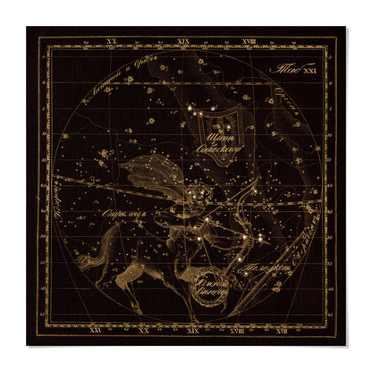 The image is a detailed star map of the night sky, featuring various celestial objects such as stars, constellations, and a prominent planet.