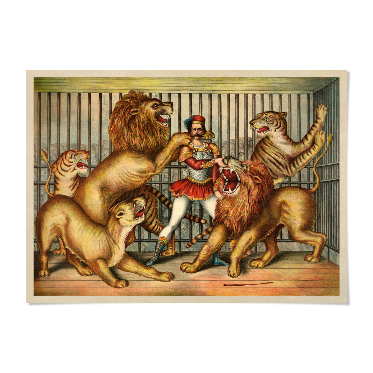 A circus performer in a red and white striped outfit is surrounded by four lions and two tigers in a circus cage.