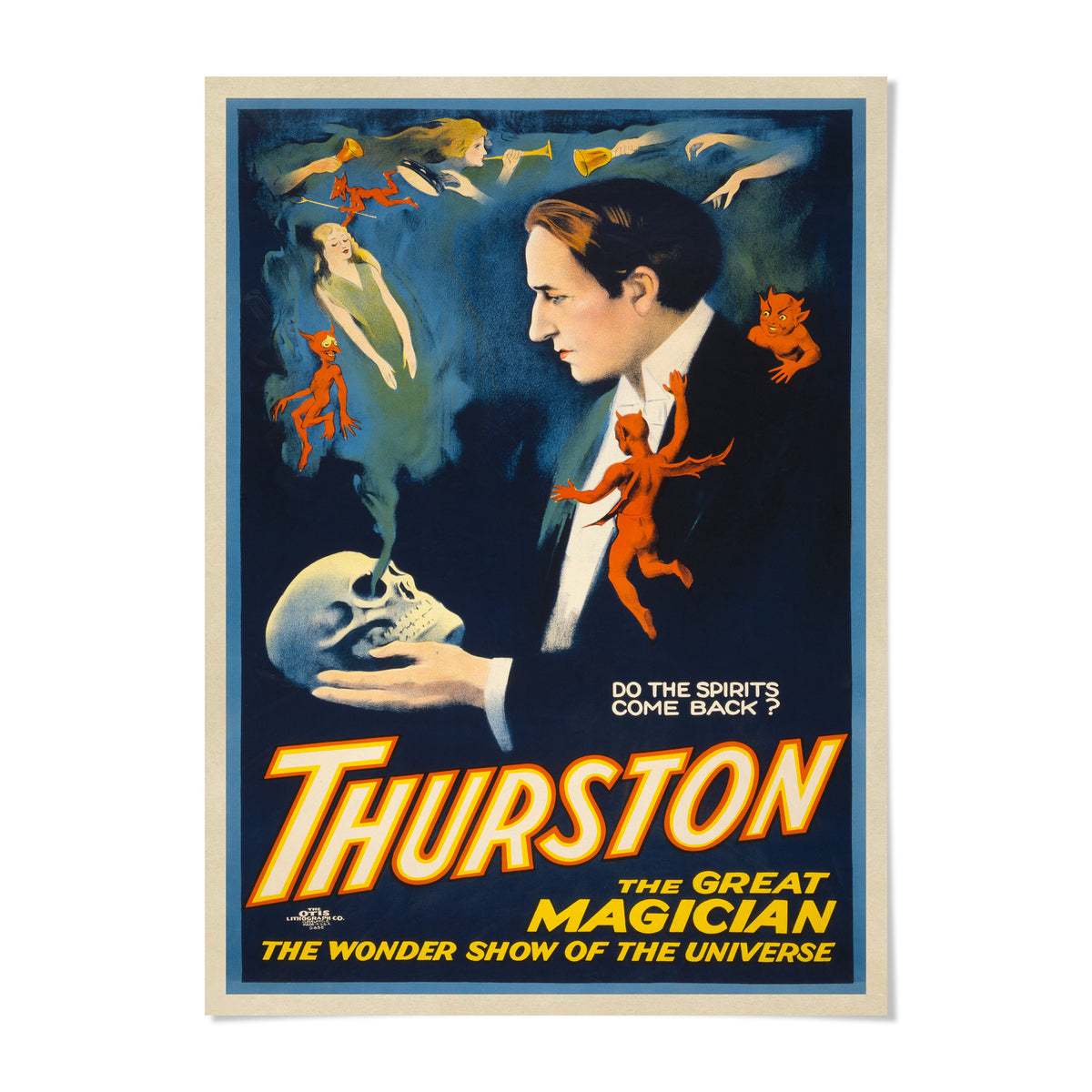 The image is a vintage movie poster for "The Great Magician" by Thurston, featuring a man in a suit holding a skull and surrounded by various fantastical creatures and elements.