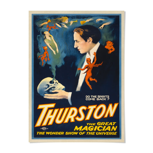 The image is a vintage movie poster for "The Great Magician" by Thurston, featuring a man in a suit holding a skull and surrounded by various fantastical creatures and elements.