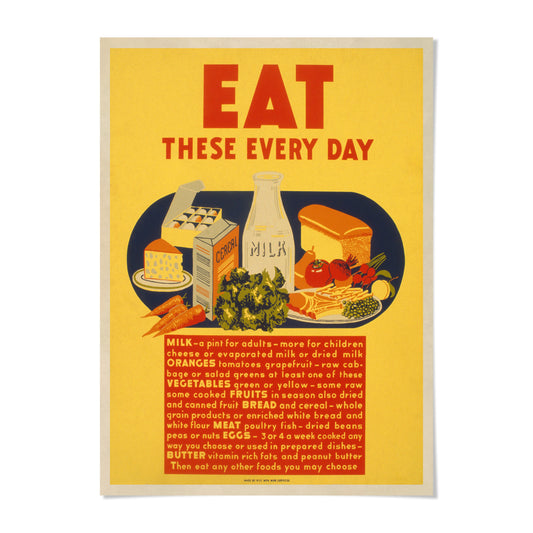 The image is a vintage poster with a yellow background and a list of food items, including milk, bread, vegetables, fruit, and eggs.