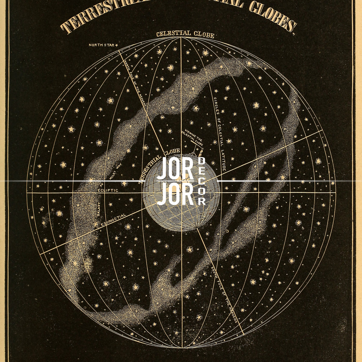 The image is a detailed illustration of a celestial globe, depicting various celestial objects and their positions in the night sky.