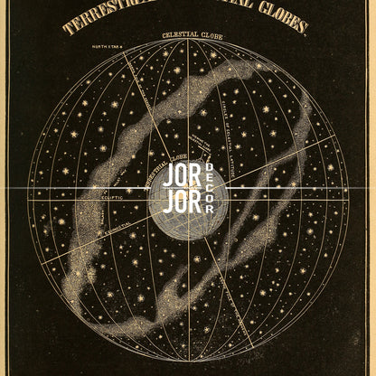 The image is a detailed illustration of a celestial globe, depicting various celestial objects and their positions in the night sky.