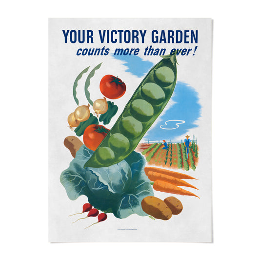 The image is a poster with a variety of vegetables, including a large pea pod, carrots, and a cabbage, along with a farm scene in the background. The poster has a blue and white color scheme and features text that reads "Your Victory Garden counts more than ever!"