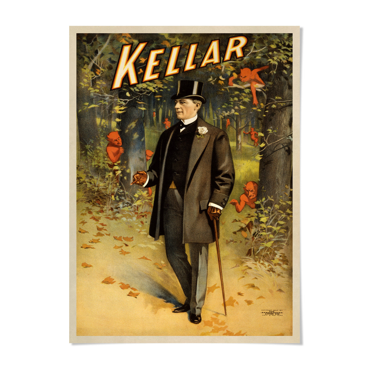 A vintage advertisement featuring a man dressed in a top hat and coat, walking through a forest with red animals in the background.