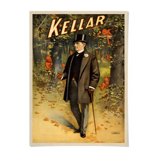 A vintage advertisement featuring a man dressed in a top hat and coat, walking through a forest with red animals in the background.
