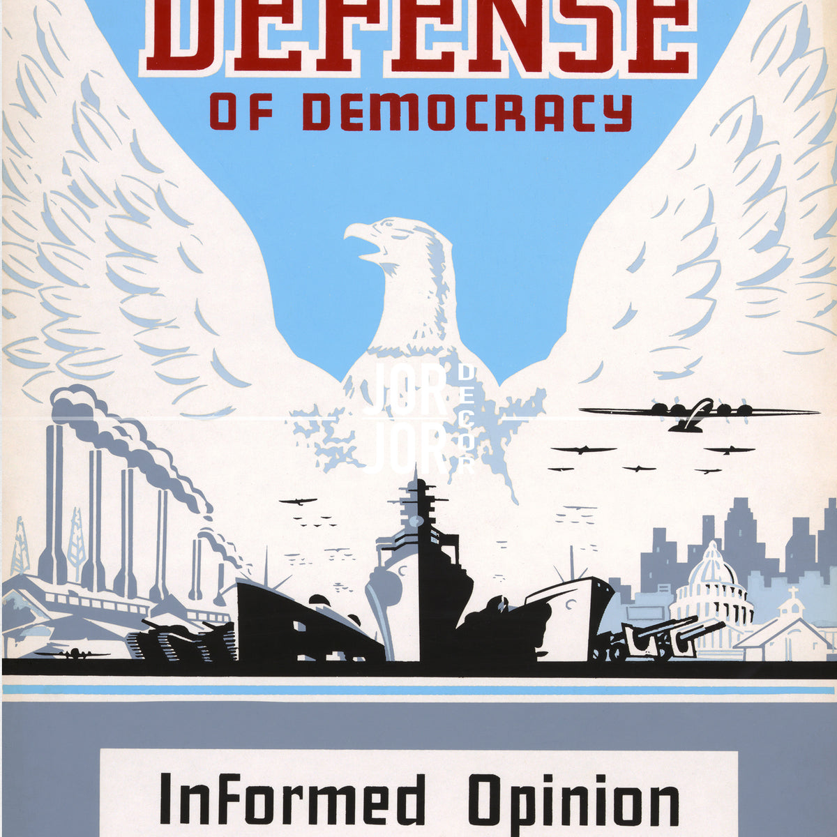 The image is a poster with a large eagle and various military and industrial elements, including ships and buildings, set against a blue sky.