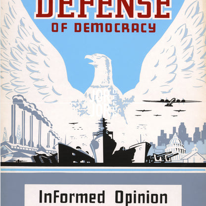 The image is a poster with a large eagle and various military and industrial elements, including ships and buildings, set against a blue sky.