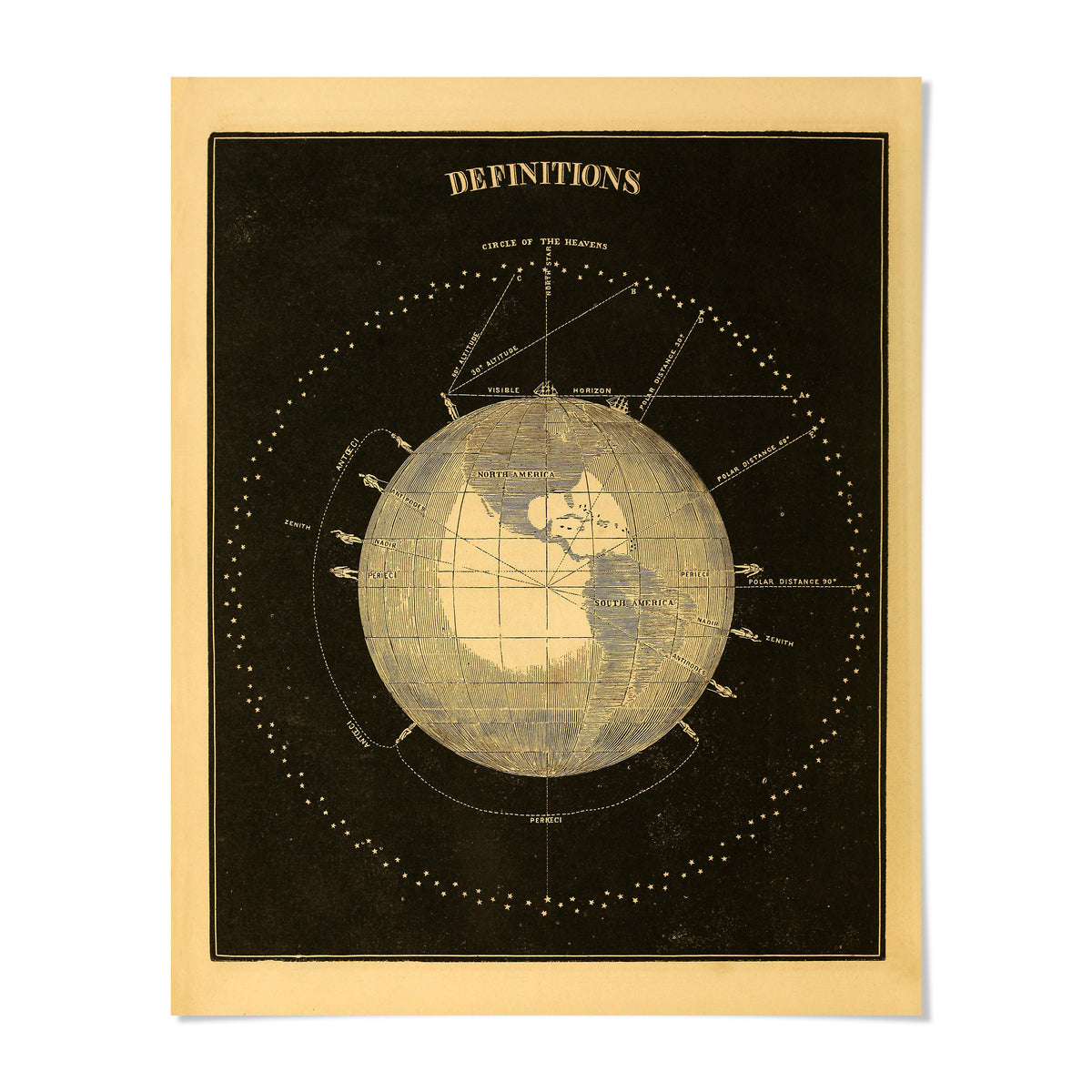 The image is a vintage map of the world, depicting the Earth and its various geographical features and locations.
