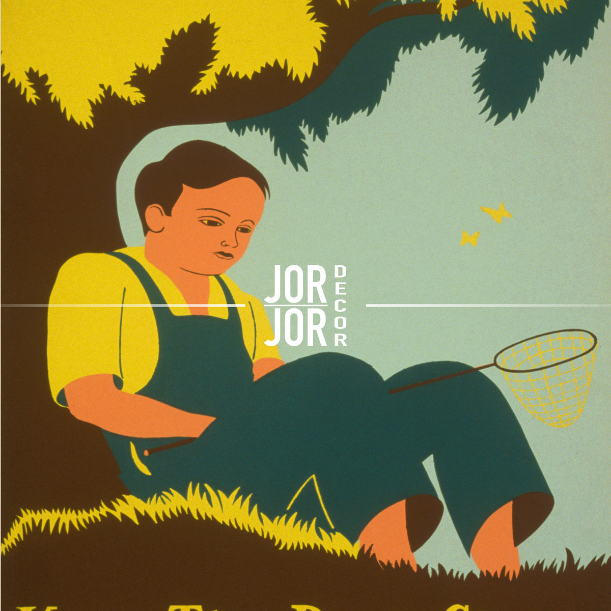 A man in overalls is sitting on the grass, holding a net and looking down at it.