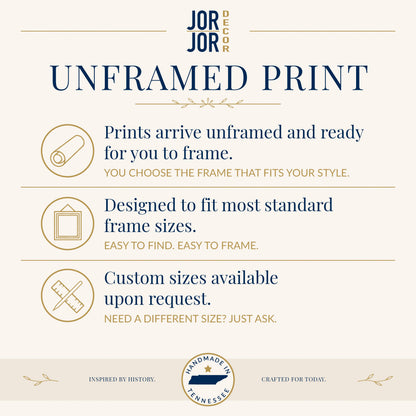 The image is an advertisement for JOR Decor, featuring a list of features for their unframed print products.