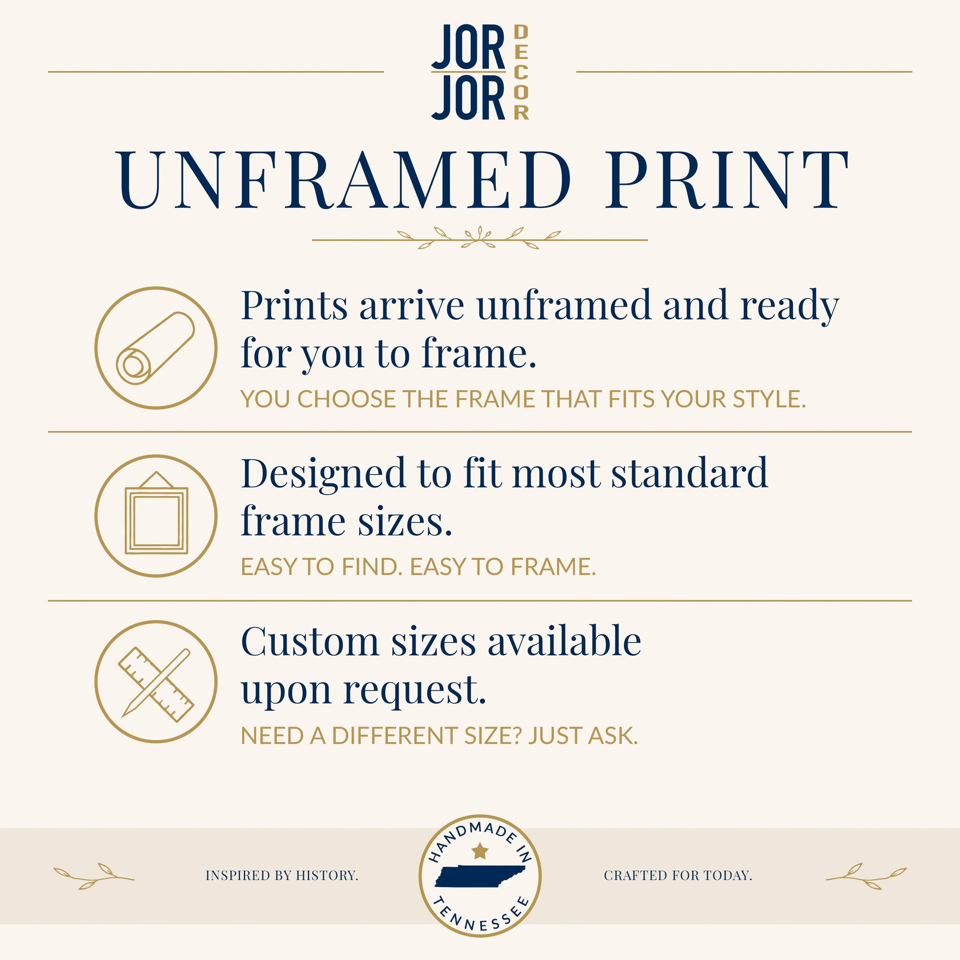 The image is an advertisement for JOR Decor, featuring a list of features for their unframed print products.