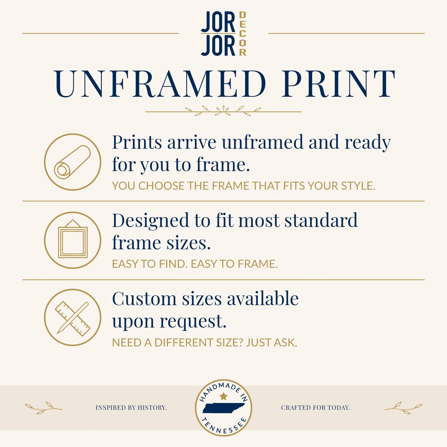 The image is an advertisement for JOR Decor, featuring a list of features for their unframed print products.