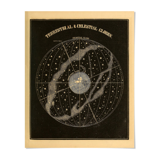 The image is a vintage celestial globe depicting the night sky with stars and celestial objects.