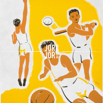 The image is a collage of three stylized illustrations of young men engaged in various sports activities, including basketball, baseball, and soccer.